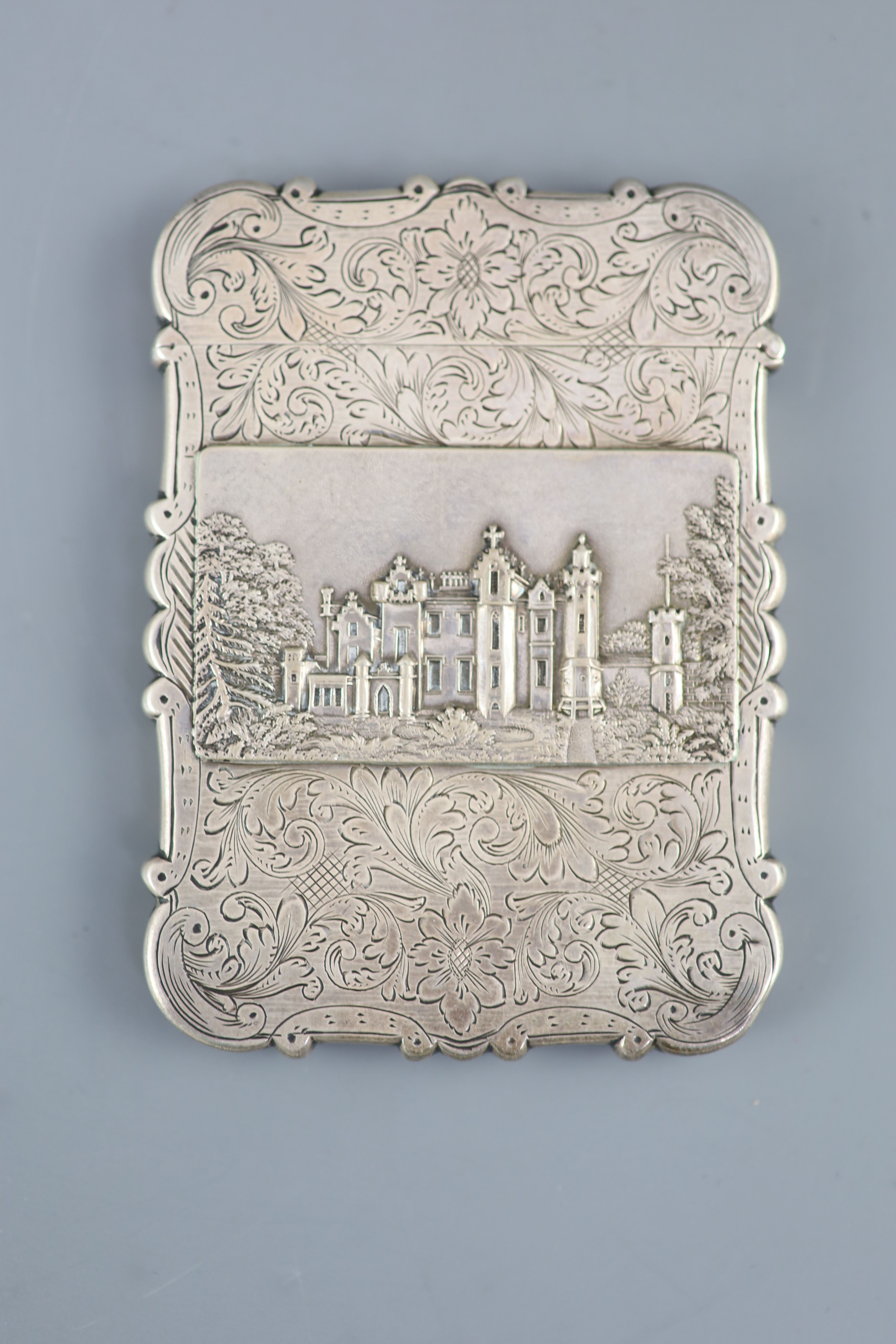 An early Victorian silver double sided castle top card case, depicting views of Windsor and Abbotsford castles,